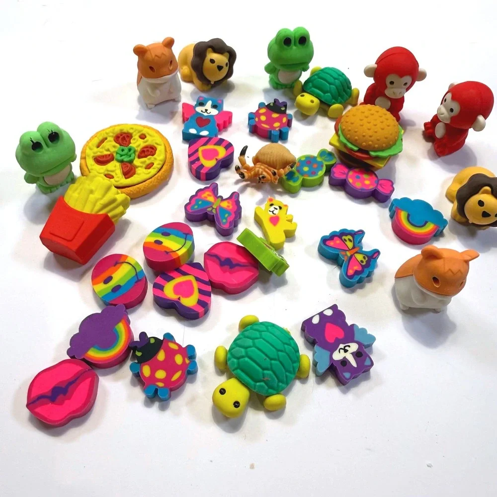 Novelty Eraser Lot 30+ Pc Animals Food Rainbows 3D Puzzle Erasers with Jar